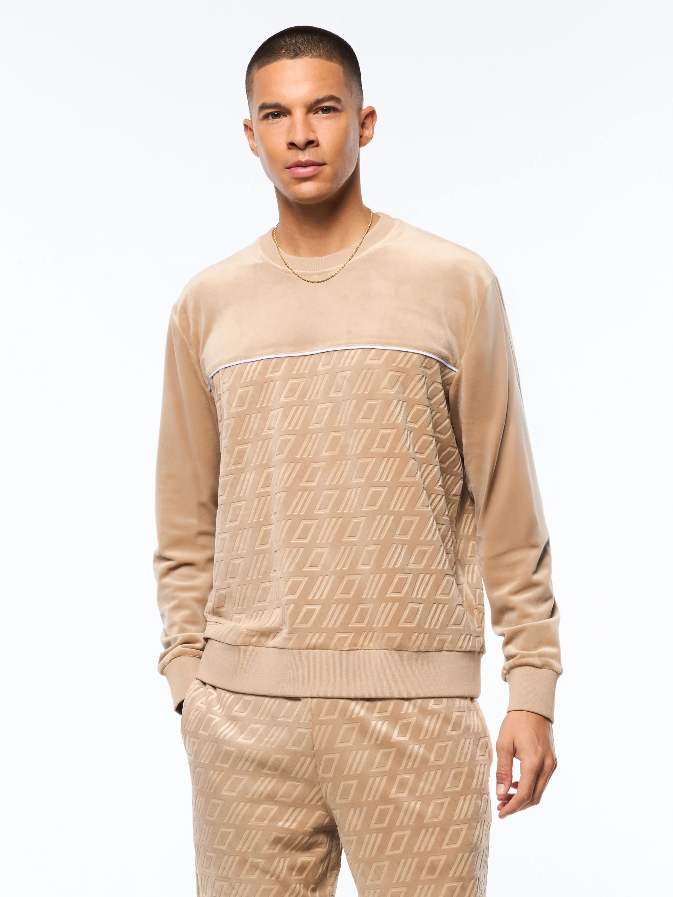 Bandiera Debossed Velour Crewneck-Humus